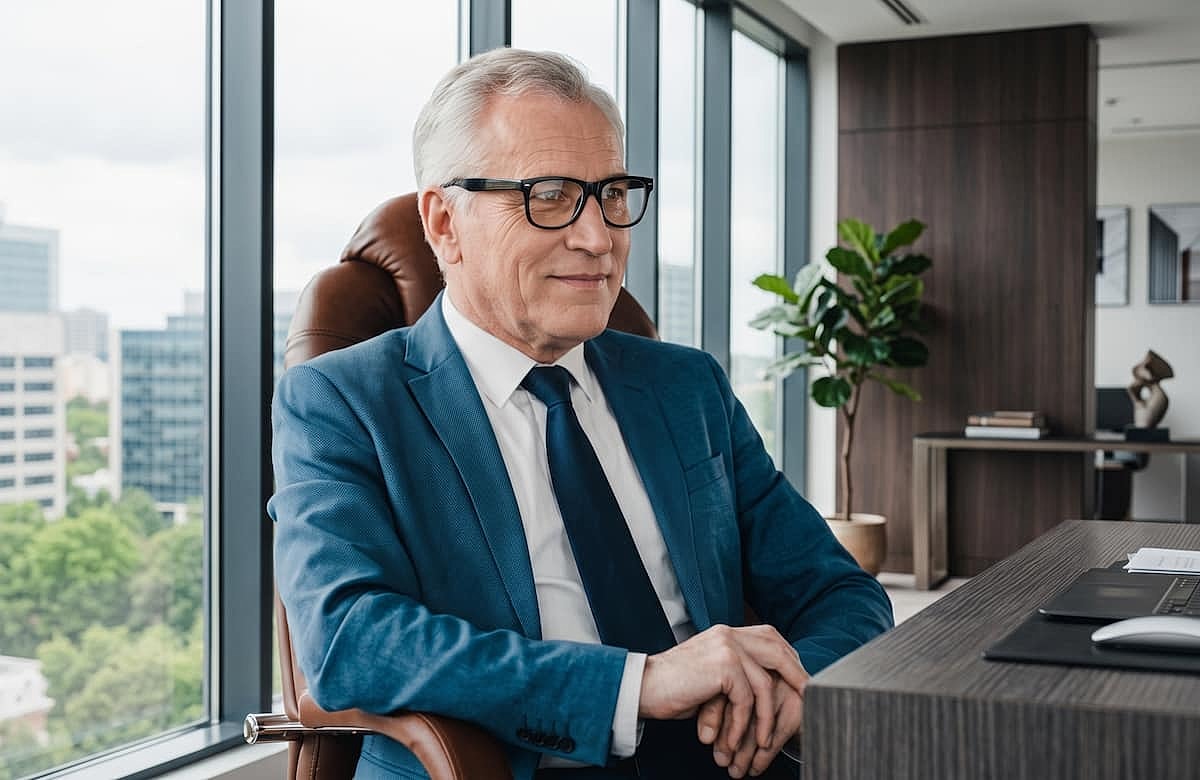 Businessman sitting confidently in modern office