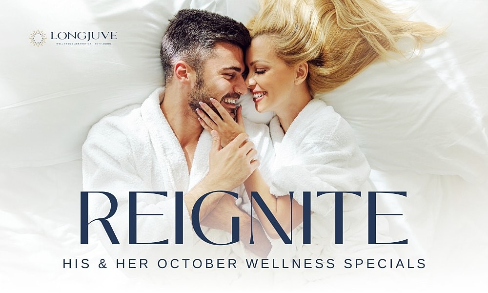 Huntsville MD Wellness Couple smiling at each other. Text overlay that says his and her october wellness specials